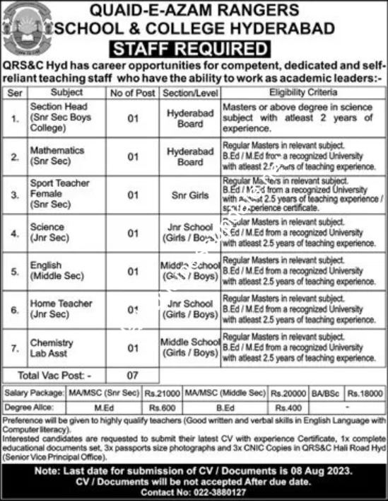 Quaid-e-Azam Rangers School & College Hyderabad Latest Vacancies 2023